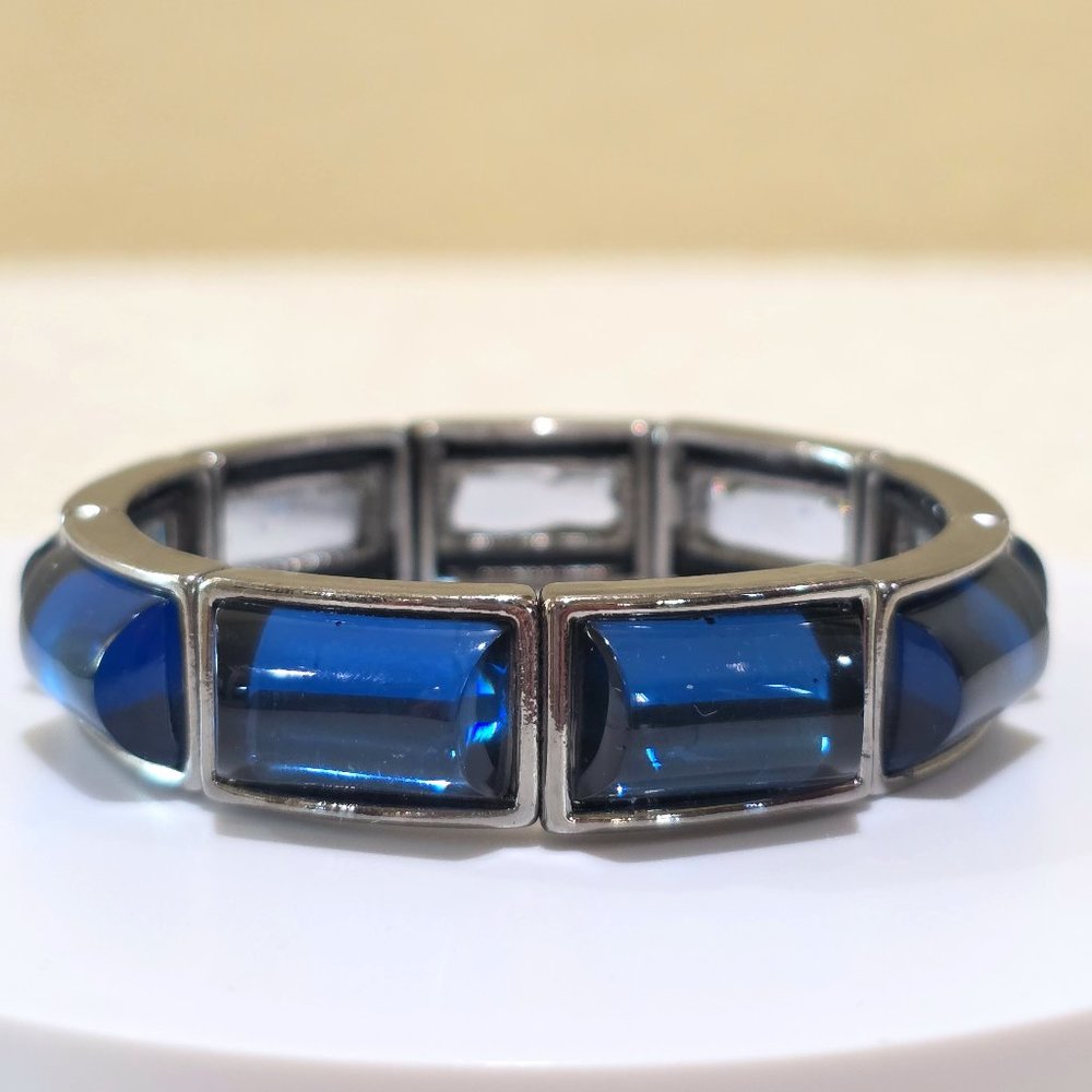 Navy Blue Dome Stones Charcoal Gray Link Stretch Modern Fashion Bracelet